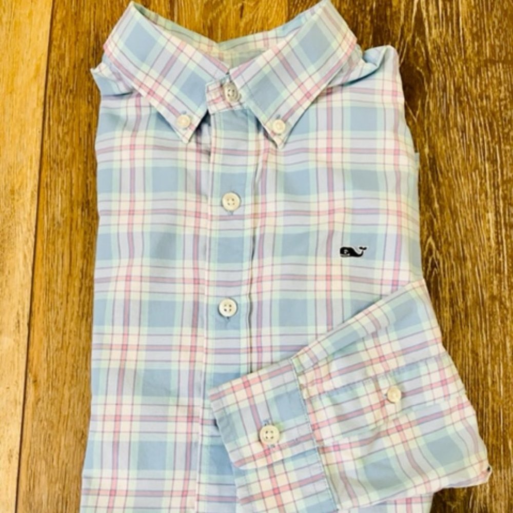 Boys Vineyard Vines button-down performance shirt.